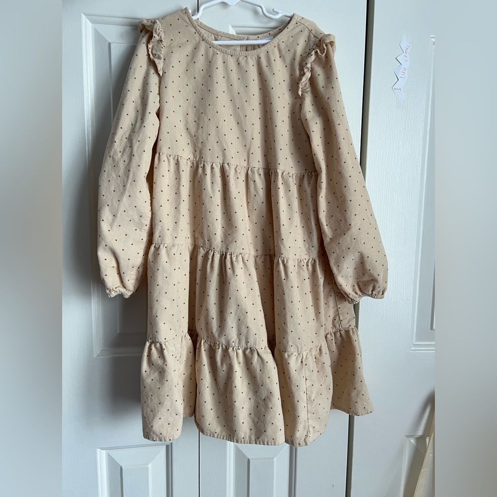 Wonder Nation Girls Cream Polka Dot Corduroy Long Sleeve Dress Size 7/8 VGUC